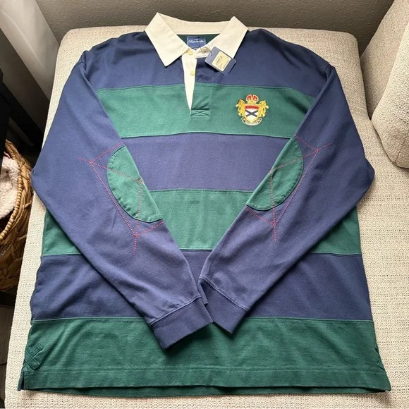 NWT Façonnable Men’s XXL Striped Rugby Polo Shirt Navy Green White Crest Logo - Picture 7 of 12